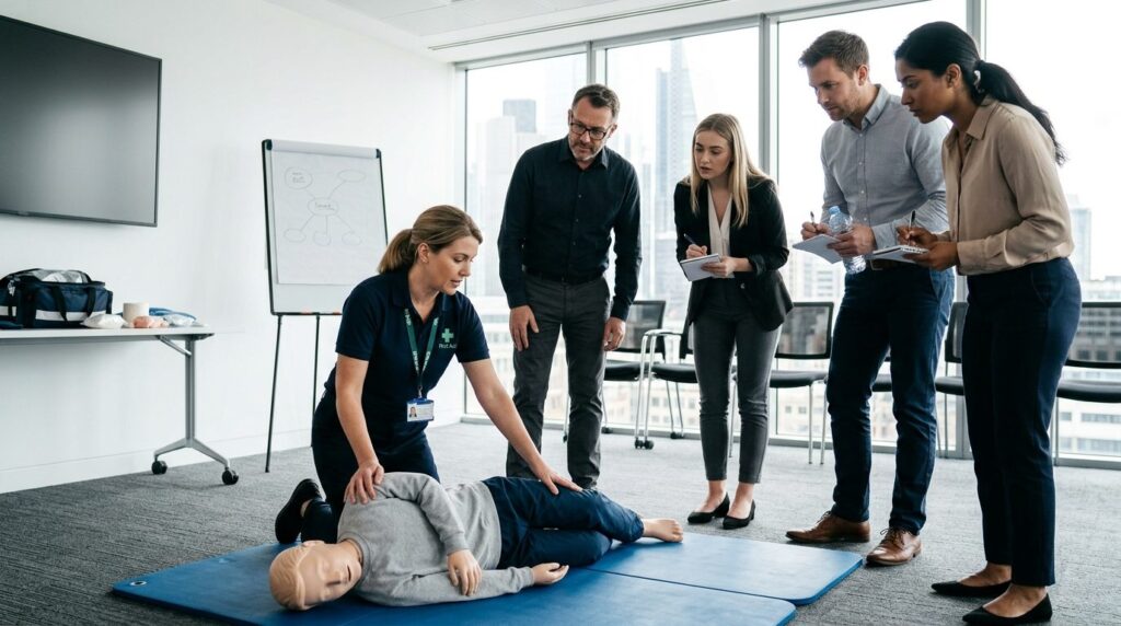 Professional workplace photograph of a certified first aid i