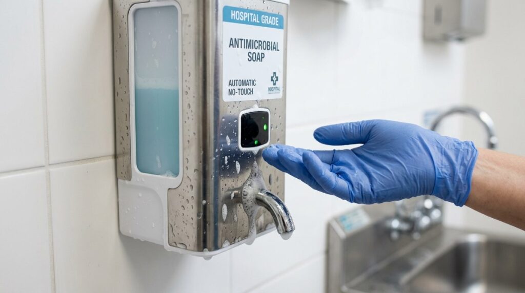 Close-up professional shot of a hospital-grade soap dispense