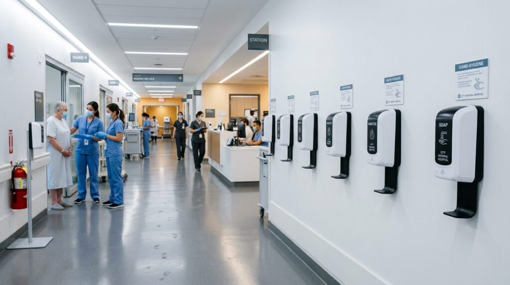 Wide-angle hospital corridor photograph showing multiple aut