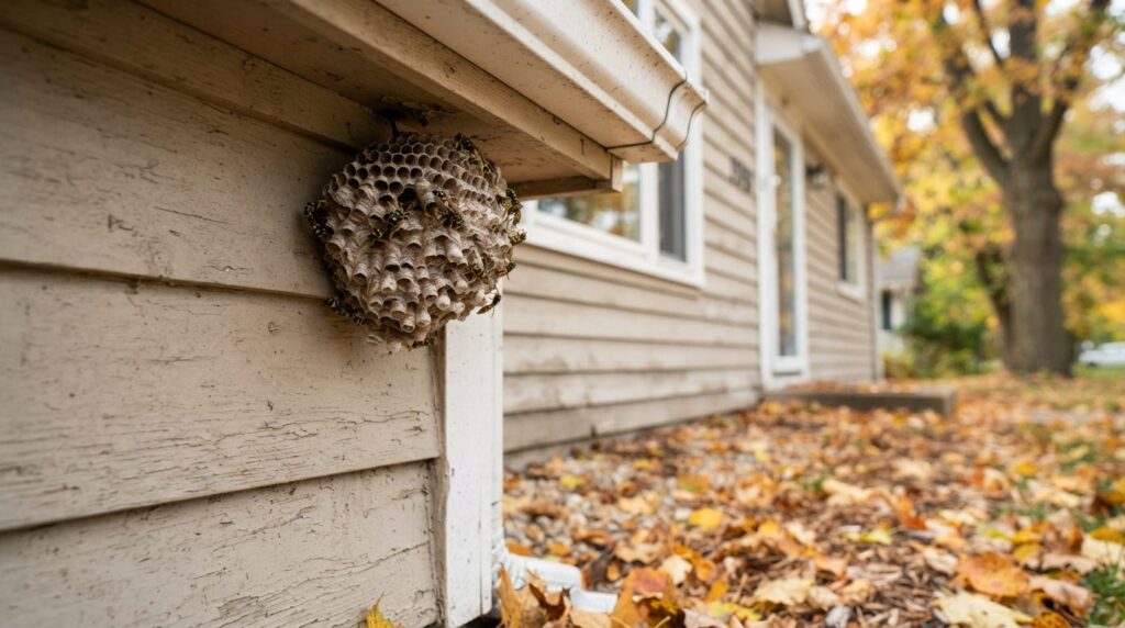 Realistic photograph of a wasp nest attached to the exterior