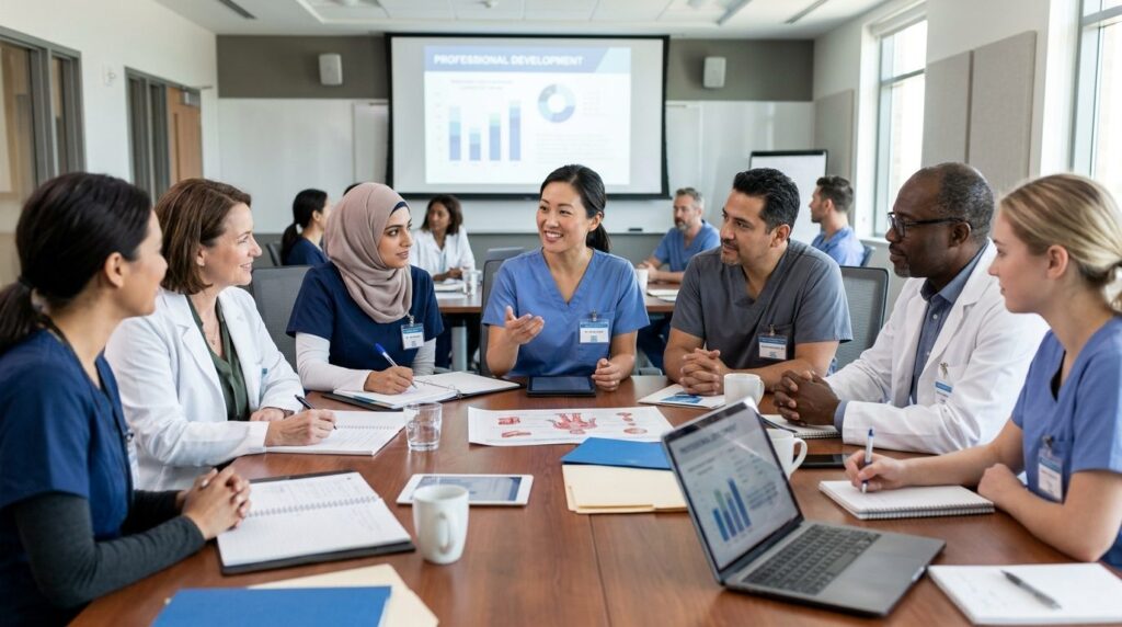 Group of diverse healthcare practitioners in professional de