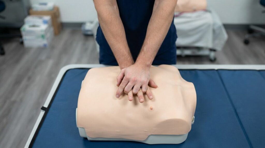 Close-up overhead view of hands performing CPR chest compres