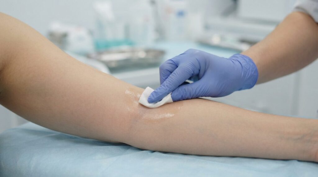 Detailed shot of a healthcare professionals gloved hand dem