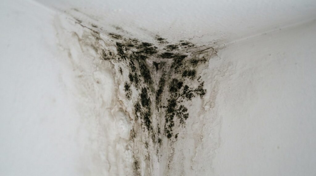 Realistic close-up photograph of dark mold spots and moistur