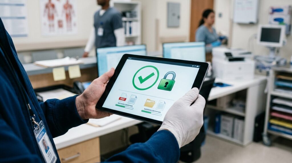 Close-up of hands holding a tablet displaying a secure encry