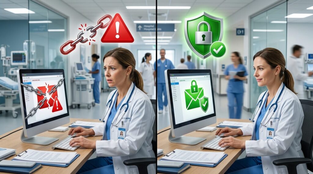 Split-screen conceptual composition: left side shows a docto