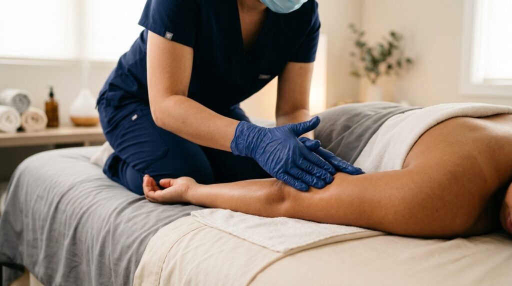 Close-up detailed image of a massage therapists hands weari