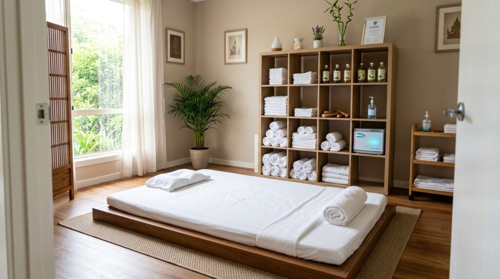 Clean, organized Thai massage treatment room with fresh line